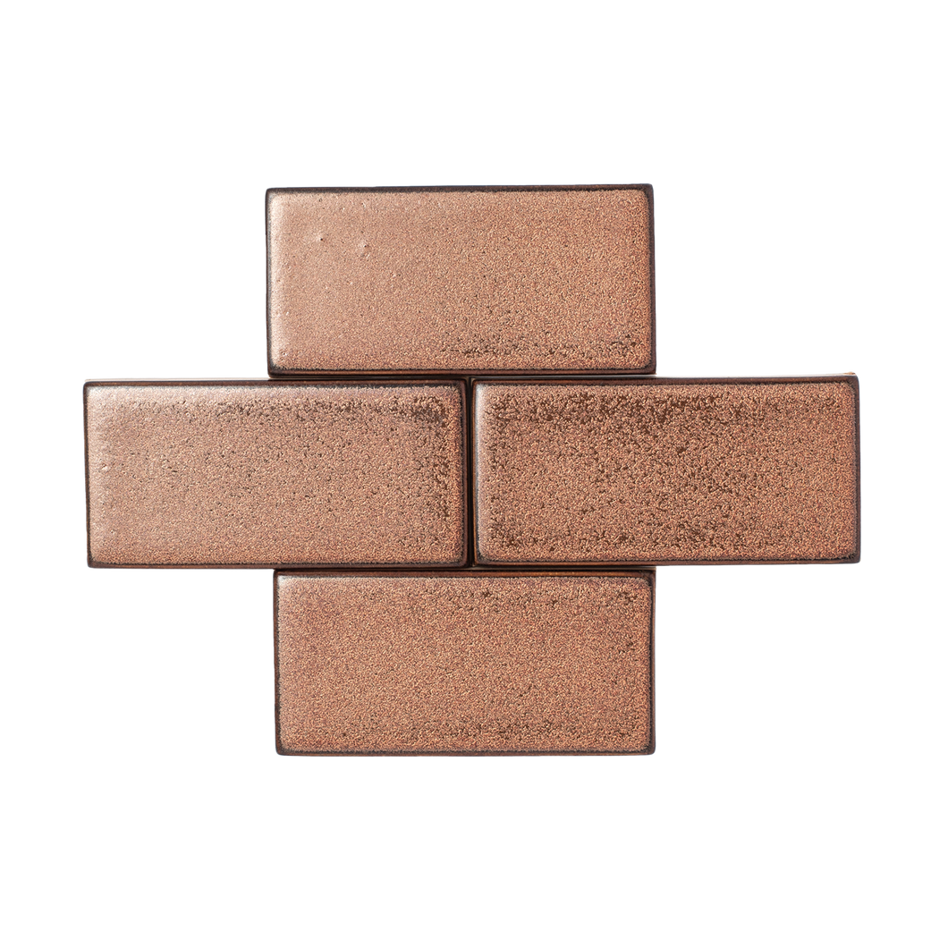 This stand-out metallic features a neutral brown base color with blooms of burnt rose gold microcrystals. Sasha is a predominantly gloss glaze with areas of matted surface texture.
