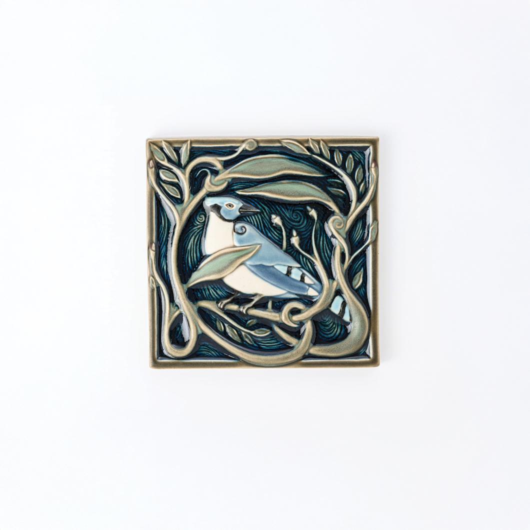Hand Painted Revival Bird Tiles, Blue Jay