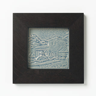 Decorative ceramic tile in blue glaze of Cincinnati Coney Island in Ebony Frame