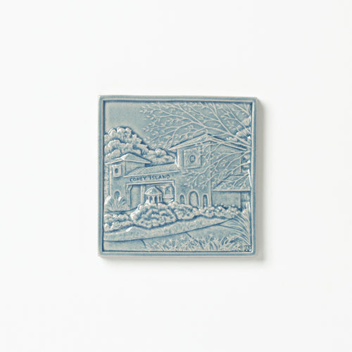 Coney Island Cincinnati City Scene Tile from Rookwood Pottery in a blue glaze, Teton.