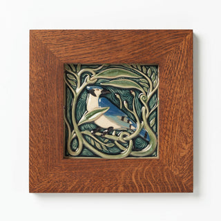 Rookwood Pottery Revival Bird Blue Jay tile, made in Cincinnati, OH in Golden Oak wood Frame.