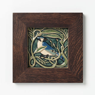 Rookwood Pottery Revival Bird Blue Jay tile, made in Cincinnati, OH in Dark Walnut wood Frame.