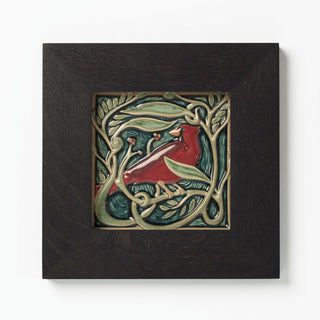 Rookwood Pottery Revival Bird cardinal tile, made in Cincinnati, OH. Decorative art ceramic tile in ebony black wood frame.