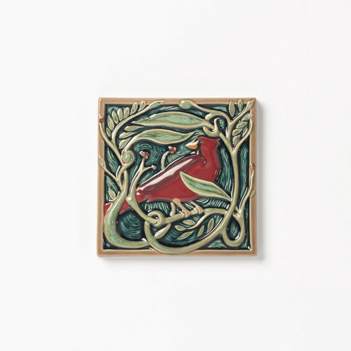 Rookwood Pottery Revival Bird cardinal tile, made in Cincinnati, OH. Decorative art ceramic tile.