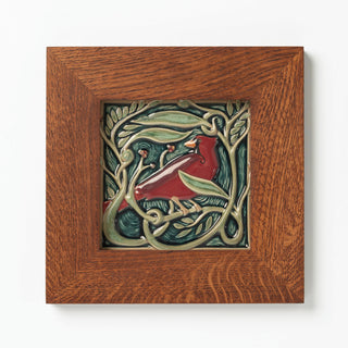 Rookwood Pottery Revival Bird cardinal tile, made in Cincinnati, OH. Decorative art ceramic tile in Golden Oak wood frame.