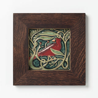 Rookwood Pottery Revival Bird cardinal tile, made in Cincinnati, OH. Decorative art ceramic tile in dark walnut wood frame.