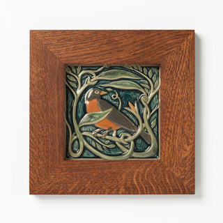 Rookwood Pottery Revival Bird Robin tile, made in Cincinnati, OH in golden oak wood frame.