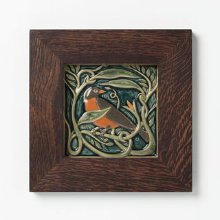 Rookwood Pottery Revival Bird Robin tile, made in Cincinnati, OH in dark walnut wood frame.