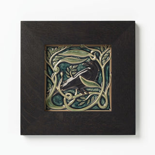 Rookwood Pottery Revival Bird Rook tile in ebony black wood frame.