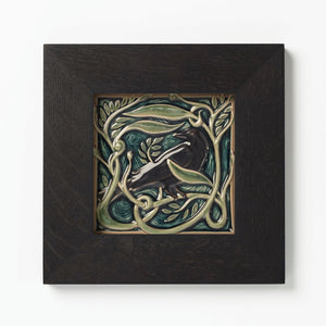 Rookwood Pottery Revival Bird Rook tile in ebony black wood frame.