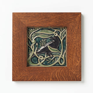 Rookwood Pottery Revival Bird Rook tile in golden oak frame.