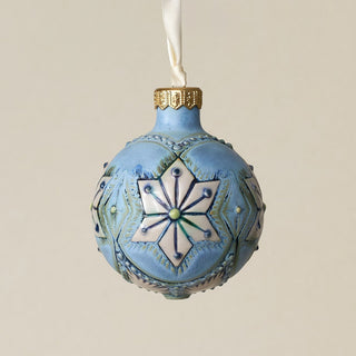 Intricately carved and glazed ceramic globe ornament with ivory satin ribbon –