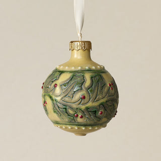 Intricately carved and glazed ceramic globe ornament with ivory satin ribbon –