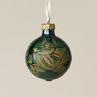 Intricately carved and glazed ceramic globe ornament with ivory satin ribbon –