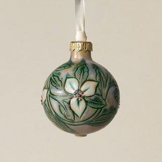 Intricately carved and glazed ceramic globe ornament with ivory satin ribbon –