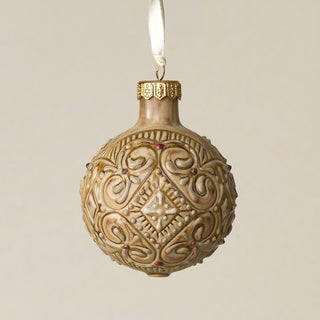 Intricately carved and glazed ceramic globe ornament with ivory satin ribbon –
