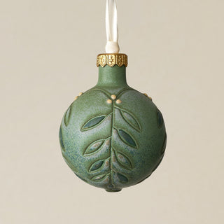 Intricately carved and glazed ceramic globe ornament with ivory satin ribbon –