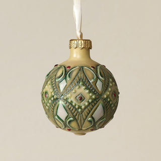 Intricately carved and glazed ceramic globe ornament with ivory satin ribbon –