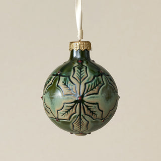 Intricately carved and glazed ceramic globe ornament with ivory satin ribbon –