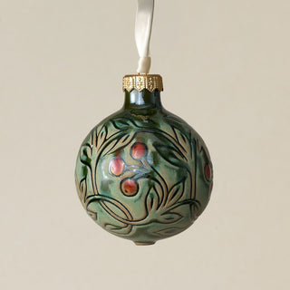 Intricately carved and glazed ceramic globe ornament with ivory satin ribbon –