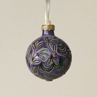 Intricately carved and glazed ceramic globe ornament with ivory satin ribbon –