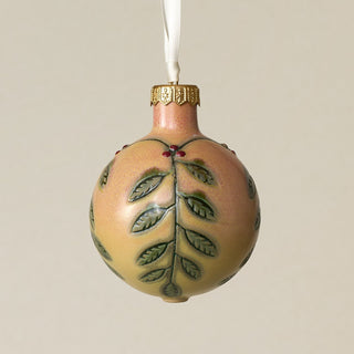 Intricately carved and glazed ceramic globe ornament with ivory satin ribbon –