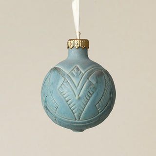 Intricately carved and glazed ceramic globe ornament with ivory satin ribbon –