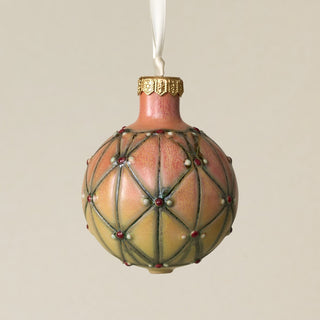 Intricately carved and glazed ceramic globe ornament with ivory satin ribbon –