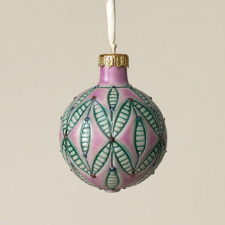 Intricately carved and glazed ceramic globe ornament with ivory satin ribbon –