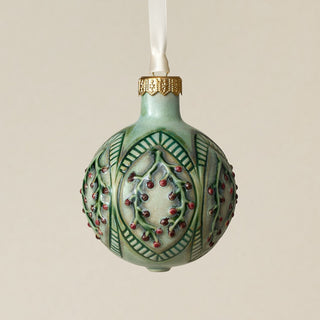 Intricately carved and glazed ceramic globe ornament with ivory satin ribbon –