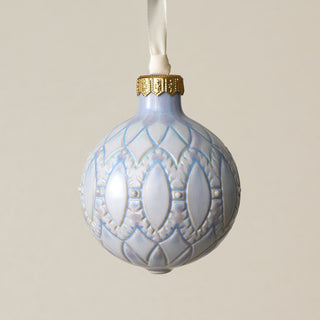 Intricately carved and glazed ceramic globe ornament with ivory satin ribbon – Ornament No. 251