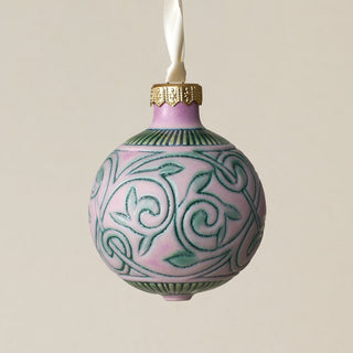 Intricately carved and glazed ceramic globe ornament with ivory satin ribbon – Ornament No. 252