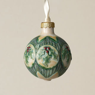 Intricately carved and glazed ceramic globe ornament with ivory satin ribbon –