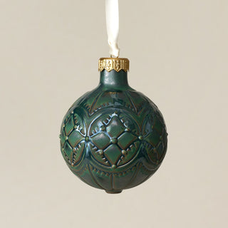 Intricately carved and glazed ceramic globe ornament with ivory satin ribbon – Ornament No. 254
