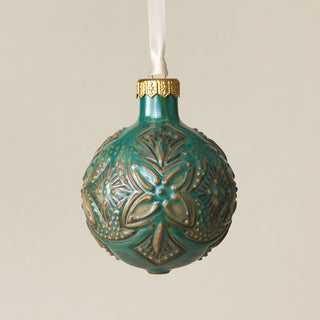 Intricately carved and glazed ceramic globe ornament with ivory satin ribbon – Ornament No. 255