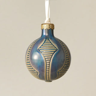 Intricately carved and glazed ceramic globe ornament with ivory satin ribbon – Ornament No. 256