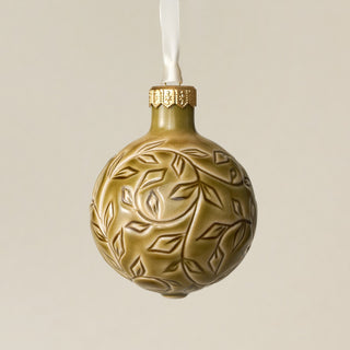 Intricately carved and glazed ceramic globe ornament with ivory satin ribbon – Ornament No. 258