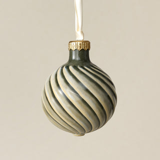 Intricately carved and glazed ceramic globe ornament with ivory satin ribbon – Ornament No. 260