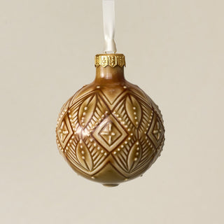Intricately carved and glazed ceramic globe ornament with ivory satin ribbon – Ornament No. 261