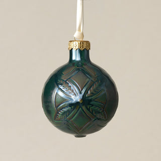 Intricately carved and glazed ceramic globe ornament with ivory satin ribbon – Ornament No. 262