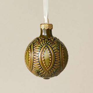 Intricately carved and glazed ceramic globe ornament with ivory satin ribbon – Ornament No. 265