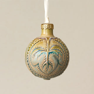 Intricately carved and glazed ceramic globe ornament with ivory satin ribbon – Ornament No. 267