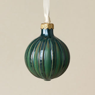 Intricately carved and glazed ceramic globe ornament with ivory satin ribbon – Ornament No. 272