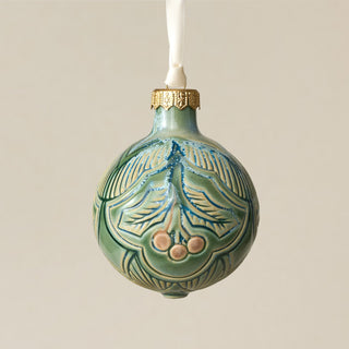 Intricately carved and glazed ceramic globe ornament with ivory satin ribbon – Ornament No. 277