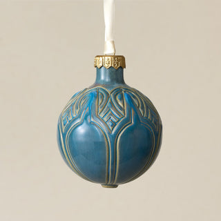 Intricately carved and glazed ceramic globe ornament with ivory satin ribbon – Ornament No. 285