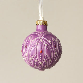 Intricately carved and glazed ceramic globe ornament with ivory satin ribbon – Ornament No. 287