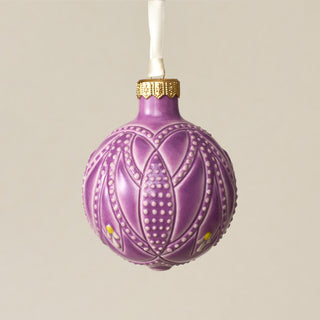 Intricately carved and glazed ceramic globe ornament with ivory satin ribbon – Ornament No. 288