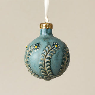 Intricately carved and glazed ceramic globe ornament with ivory satin ribbon – Ornament No. 289