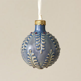 Intricately carved and glazed ceramic globe ornament with ivory satin ribbon – Ornament No. 290