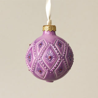 Intricately carved and glazed ceramic globe ornament with ivory satin ribbon – Ornament No. 292